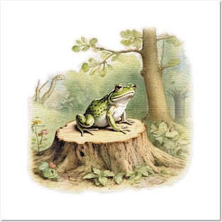 frog on a tree stump Posters and Art